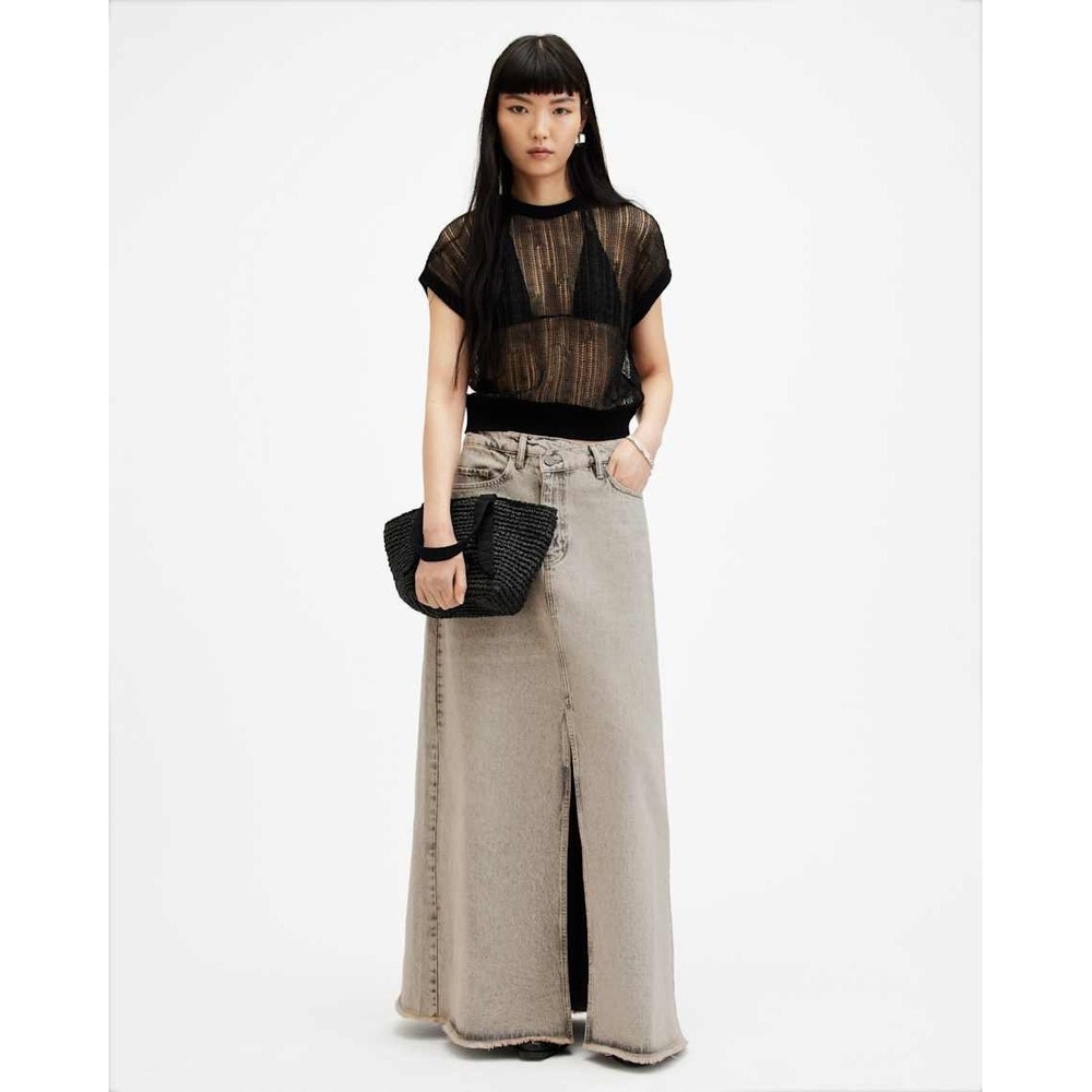 AllSaints Noir Maxi Skirt Asymmetric Crossover Denim Distressed Raw Hem US 8